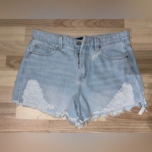 Distressed denim shorts